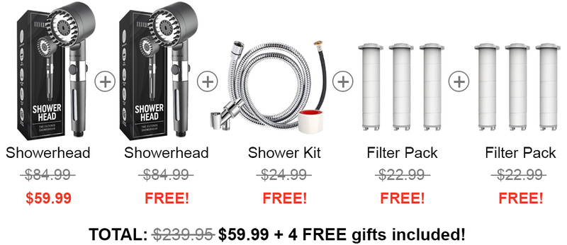 Shower head and kit with filter packs on a white background